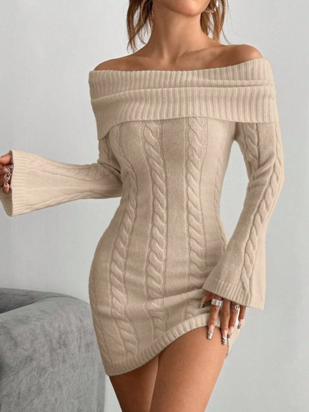 Apricot Elegant Women's Off Shoulder Long Sleeve Knitted Fitted Sweater Dress